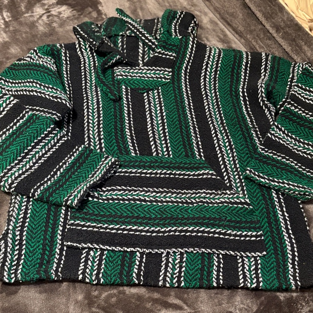 Mexican Woven Baja- Rug Hoodie Black Green & white Striped Baja Hoodie XL
